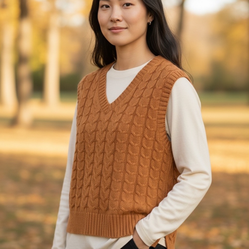 NWT cupcakes & cashmere V-Neck Cable Knit Sweater Vest - Brown